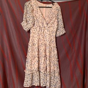 Floral Print Deep V Neck Flounce Sleeve Dress